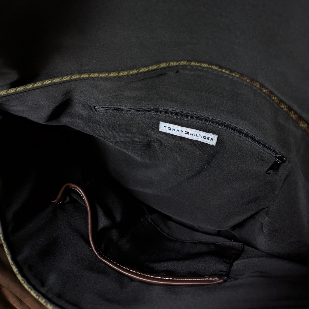 Y2K Vintage Tommy Hilfiger Wool & Leather Houndstooth Messenger Bag Brown Green - Picture 9 of 13